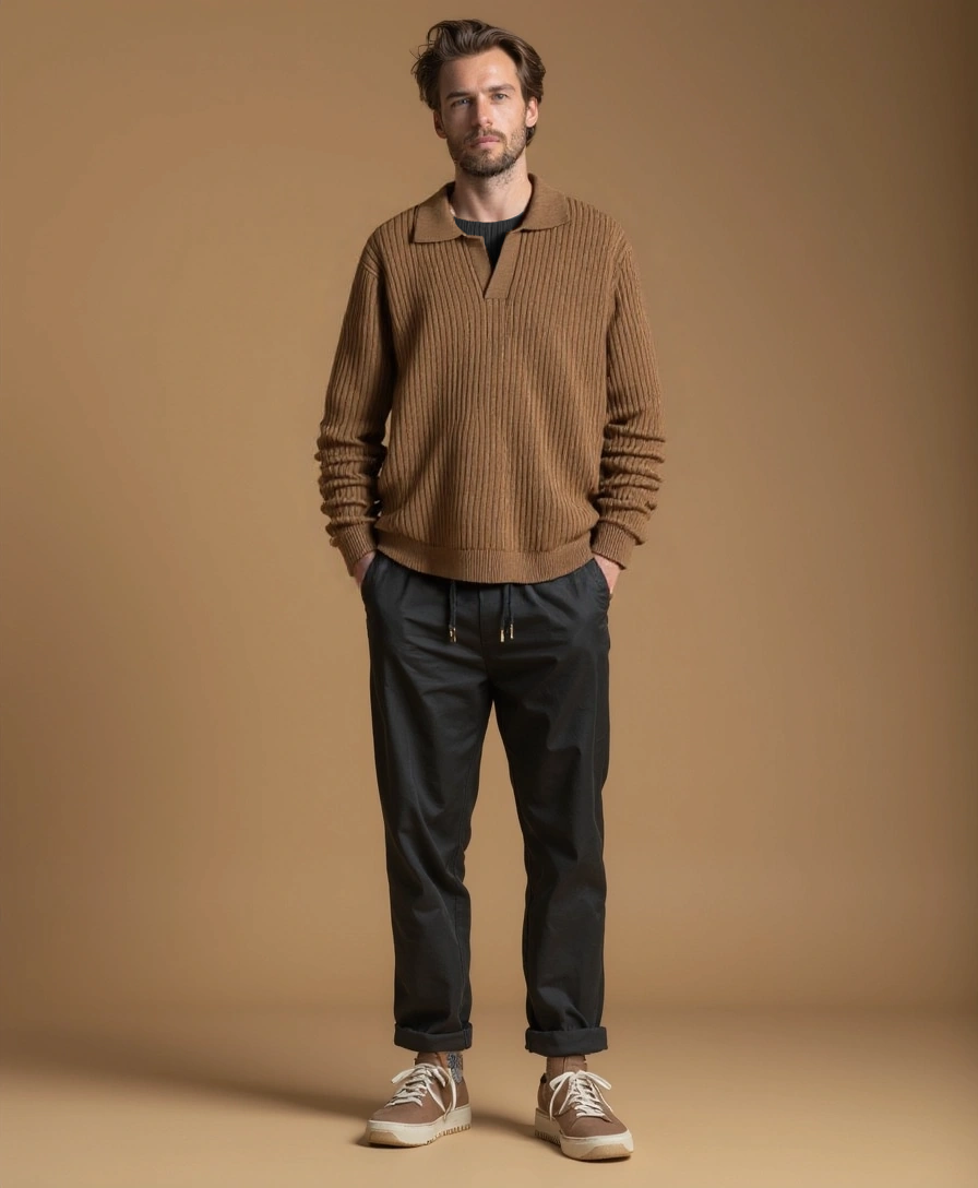 Éthn sweater Polo à Col V Côtelé Élégante - Confort et Style Assuré